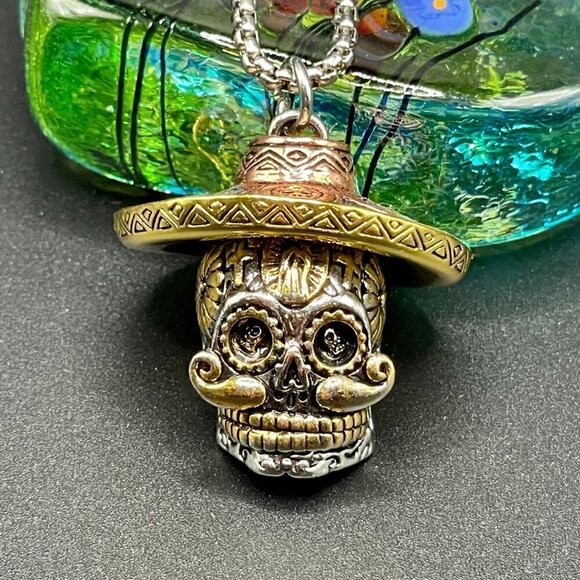 Day of the Dead Sugar Skull Sombrero Necklace / Pendant #734 - Picture 4 of 12